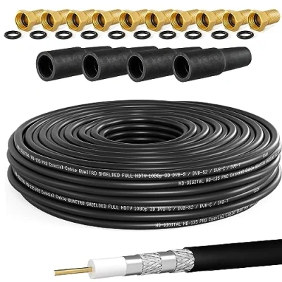 Afbeelding van HB DIGITAL 30 m SAT coaxkabel HQ135 PRO met 4 rubberen hulzen + 10 gratis vergulde F stekkers, satellietantennekabel, viervoudig afgeschermd, voor DVB S/S2 C/C2 installaties