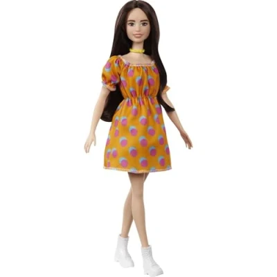 Afbeelding van Barbie Fashionistas #160 modepop met lang bruin haar en oranje jurk roze blauwe stippen, kinderspeelgoed, GRB52