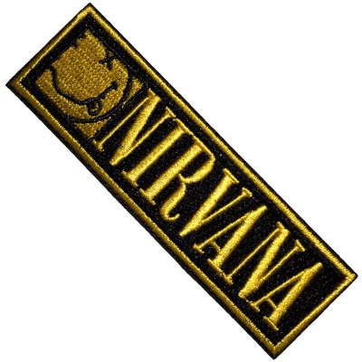 Afbeelding van Nirvana Logo &amp; Happy Face Bordered Small Patch Zwart/Goudkleurig