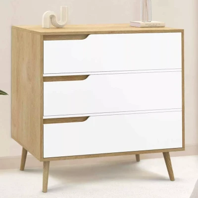 Image de Commode 3 tiroirs HELSINKI 80 cm scandinave bois et blanc