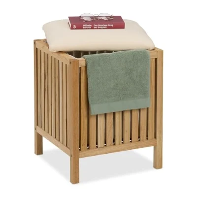 Afbeelding van Relaxdays wasmand met zitje 30 l hout en stof 51 x 38 cm badkamerkruk
