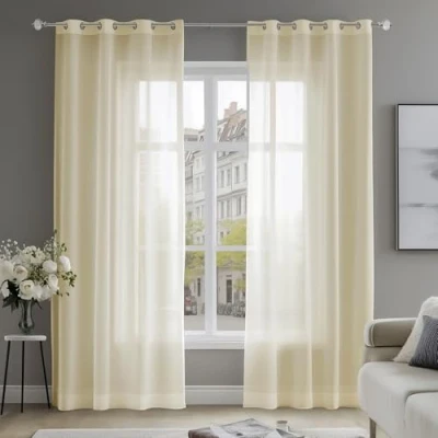 Afbeelding van Deconovo 2 gordijnen met oogjes, transparant, voor woonkamer, raam, interieurdecoratie, slaapkamer, 140 x 245 cm, beige