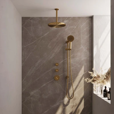 Afbeelding van Brauer Gold Edition Regendoucheset inbouw hoofddouche 30cm plafondarm 20cm 3 gladde knoppen handdouche rond standen PVD geborsteld goud