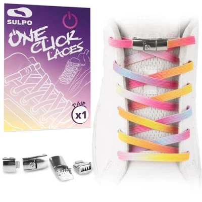 Afbeelding van SULPO Platte Veters zonder knopen One Click Kleurrijke met snelsluiting Elastische van rubber voor kinderen en volwassenen, Pastel regenboog