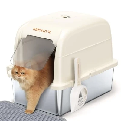Afbeelding van MeoWant kattenbak van roestvrij staal, XXL, met schep, gesloten type in U vorm, afneembaar kattentoilet verborgen actieve koolbox aan de bovenkant