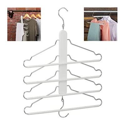 Afbeelding van ruimtebesparende kledinghangers 4 hangers met broeklat hout metaal