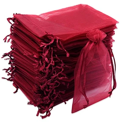 Afbeelding van Leeyunbee 100 stuks, 10 x 15 cm, rood, organzazakjes, cadeauzakjes van organza, met trekkoord, sieradenzakjes, lavendel, ideaal voor sieraden, geschenken, snoep, bruiloft
