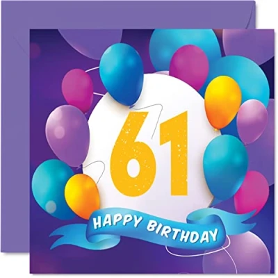 Afbeelding van Stuff4 61 jaar verjaardagskaart voor mannen en vrouwen Ballonfeest Verjaardagskaarten mannen, vrouwen, mama, papa, tante, oom, opa, oma, 145 mm x