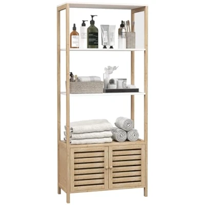 Afbeelding van HOMCOM Badkamermeubel met 3 planken, hoge opbergkast van bamboe, 1 kast lattendeuren, verhoogde bodem, 63 x 30 138 cm, natuurlijk hout en wit