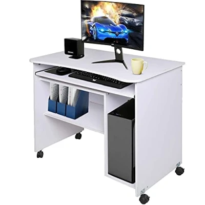 Afbeelding van BAKAJI Bureau met uittrekbare aktetas, onderste plank en vak, paars, computer, werktafel, pc deur van MDF hout, 4 wielen, decoratie voor thuis, kantoor, slaapkamer, modern (wit)