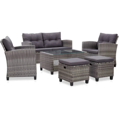 Afbeelding van 6 delige Loungeset met kussens poly rattan donkergrijs