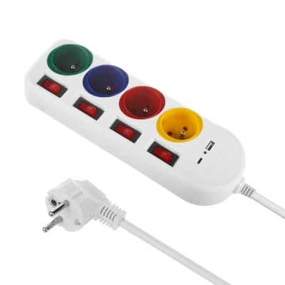 Afbeelding van Maclean MCE508 W 4 voudige stekkerdoos Type E met 2x USB poorten (A en C) 5V/3.1A QC 2.0 C 18W PD Meerdere stopcontacten, max. 2500 10A, 1,5 m kabel Wit/veelkleurig