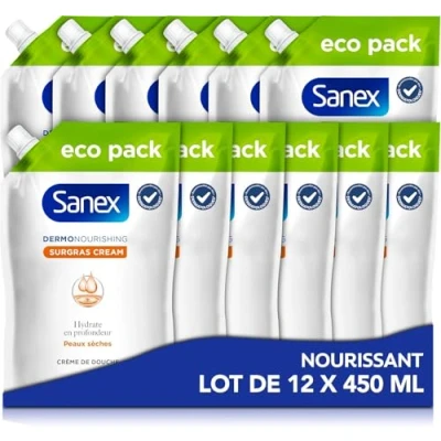 Afbeelding van SANEX Dermo voedende Surgras douchegel met crèmeformule voor het hele gezin ontwikkeld dermatologen hydrateert de droge huid diep 12 stuks Ecopacks X 450 ml
