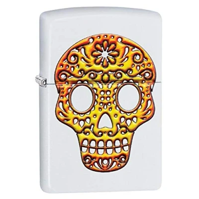 Afbeelding van Zippo Sugar Skull, textuurprint mat wit benzine aansteker, winddicht, navulbaar, in een hoogwaardige geschenkdoos