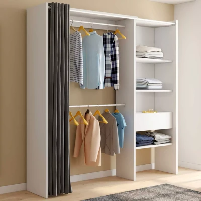 Image de Dressing extensible blanc et gris MARTY 120/170 x 50 180 cm avec rideau + double penderie étagères