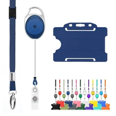 Afbeelding van keycord met trekkoord pashouder Blauw CKB Sleutelhanger uittrekbaar badgehouder Sleutelkoord Keykoord rollerclip koord afrolmechanisme jojo