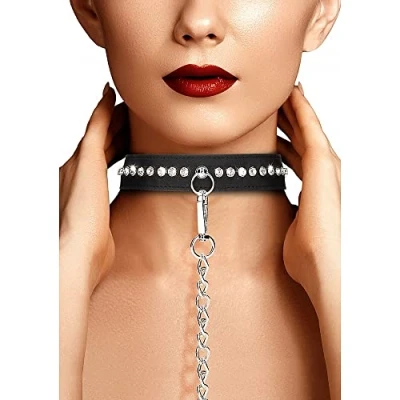 Afbeelding van Shots Ouch! Halsband met Riem en Diamantjes black