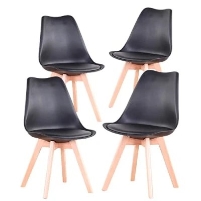 Afbeelding van BenyLed Set van 4 eetkamerstoelen, retro gestoffeerde keukenstoelen met massief beukenhouten poten voor woonkamer, slaapkamer, keuken, kantoor, zwart