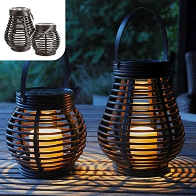 Afbeelding van Gadgy Rotan Solar Tuinverlichting op Zonne Energie Tafellamp voor buiten Led Tuinlantaarn met Dag/Nacht Sensor Verlichting Set van 2