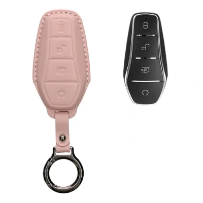Afbeelding van kwmobile leren autosleutel hoesje geschikt voor BYD Atto 3 / Sealion Han Tang Dolphin Seal Als sleutelhanger met sleutelring Echt leer in oudroze