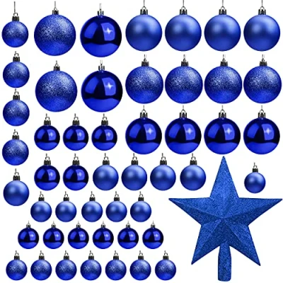 Afbeelding van Belle Vous 50 stuks blauwe kerstballen met ster glanzende dennenbal in verschillende maten 1 kerstboomdecoratie voor kerstfeest, decoratie binnen en buiten