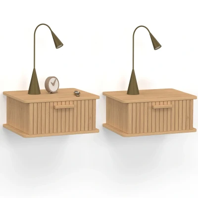 Image de Lot de 2 tables chevet murales JULIETTE 1 tiroir étagère suspendue lattes tasseau bois IDMarket