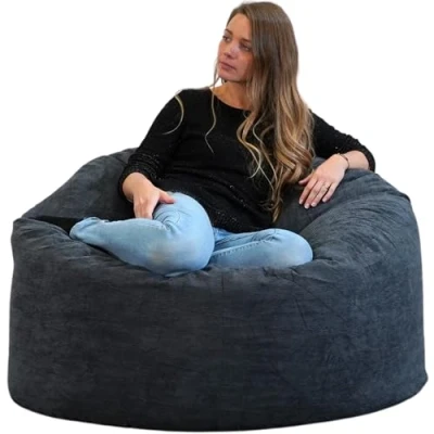 Afbeelding van Gigantische zitzak van corduroy, 100 cm, gemaakt in Frankrijk, zacht en comfortabel, royaal gevoerd, voor woonkamer, volwassenen, slaapkamer, jongeren, grote XXL zitzak, (nachtblauw)