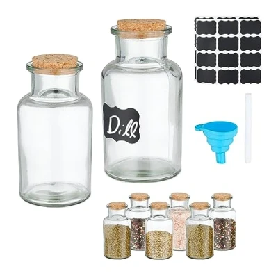 Afbeelding van Relaxdays set van 8 kruidenpotjes kurken deksel 250 ml kleine potjes glas