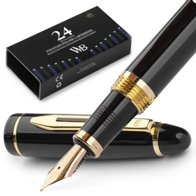 Afbeelding van Wordsworth &amp; Black Majesti vulpen met luxe etui, zwart, 24 karaat gouden afwerking, extra fijne punt, 18 karaat, inktpatronen, navulbare inktconverter, kalligrafiepen, doos