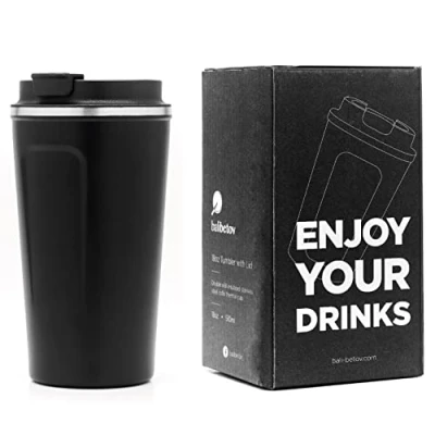 Afbeelding van BALIBETOV 510 ml Thermosbeker voor koffie, geïsoleerd, dubbelwandig, vacuüm van roestvrij staal, ideaal reizen, kamperen, thee, wijn, bier en andere (zwart)