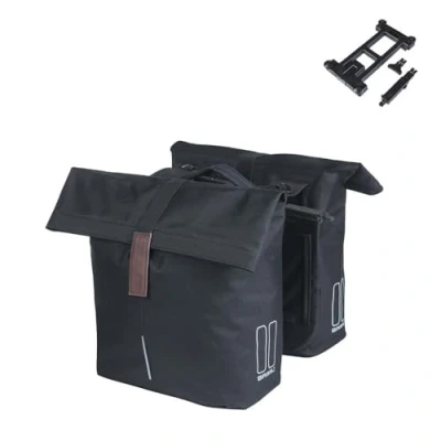 Image de Basil City MIK Sacoche double 28 32 l, noire, imperméable, avec plaque d&#039;adaptation verrouillable, parfaite pour les trajets et loisirs