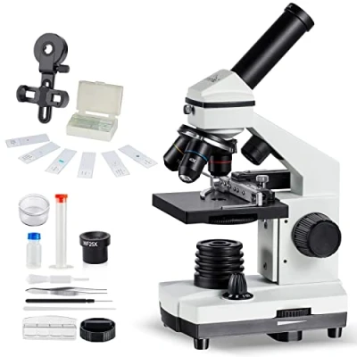 Afbeelding van MAXLAPTER professionele microscoop, optische microscoop voor school, laboratorium en studenten, kinderen volwassenen, microscoopmesjes, telefoonadapter