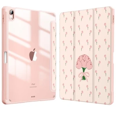 Afbeelding van FINTIE Hybride hoes voor iPad Air 11 inch (2024) M2, 6e/5e/4e generatie (2024/2022/2020), schokbestendige transparante achterkant met potloodhouder, automatische slaap/wake, kersen