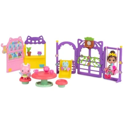 Afbeelding van Gabby en het magische huis Gabby&#039;s Dollhouse partyset in de tuin 3 figuren 18 speelelementen cartoon speelgoed voor kinderen vanaf jaar