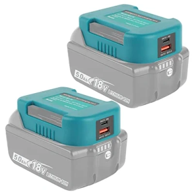 Afbeelding van QUPERR 2 stuks batterijadapter, USB oplaadadapter compatibel met Makita 18 V lithium ion batterij dubbele telefoonoplader snel opladen type C (alleen adapter)