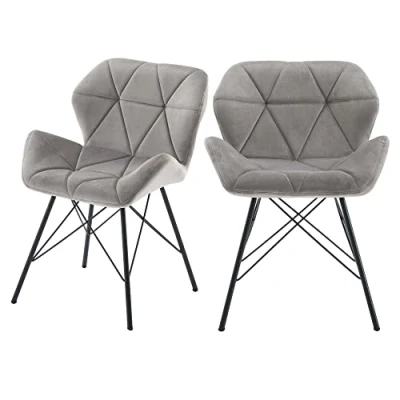 Afbeelding van DUHOME Eetkamerstoel, set van 2 keukenstoelen, gestoffeerde zitting fluweel, retro design, met stabiele metalen poten, voor lounge, woonkamer, grijs