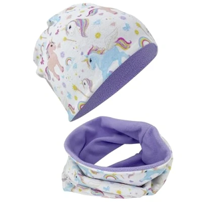 Afbeelding van HECKBO Muts en sjaal voor kinderen, 95% katoen omkeerbaar met jersey of fleece, herfst, lente, winter, zacht onderhoudsvriendelijk stretchmateriaal, uniseks, Eenhoorn