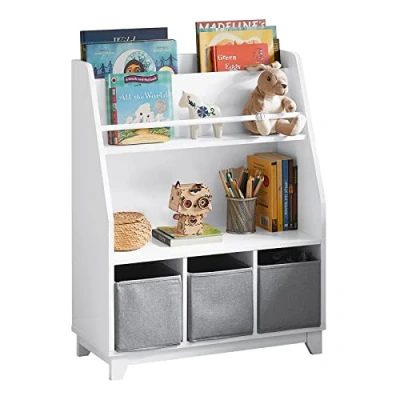 Afbeelding van SoBuy KMB34 W Kinderboekenkast met opbergvakken en 3 dozen, speelgoedrek, opbergrek voor kinderen, speelgoedorganizer, wit, afmetingen: ca. 63 x 80 28 cm