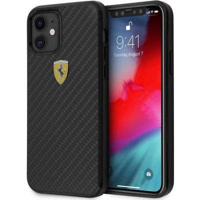 Afbeelding van iPhone 12 Mini Backcase hoesje Ferrari Effen Zwart Carbon