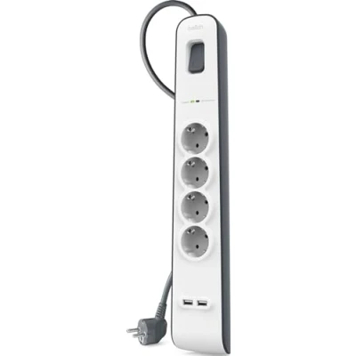 Afbeelding van Belkin Surge Plus 4 voudige stekkerdoos met overspanningsbeveiliging (2x USB poort 2,4A kabel, 2m) wit/grijs