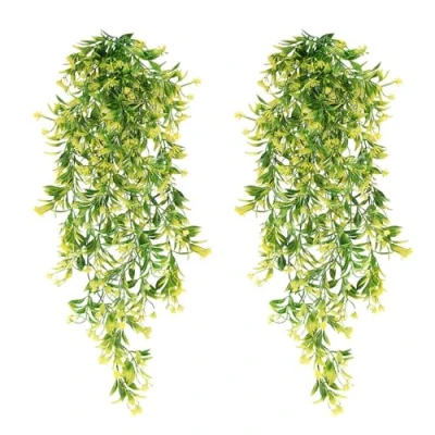 Afbeelding van Set van 2 gele kunstplanten om op te hangen, 78 cm, kunstplanten, hangende planten, onderhoudsvrij, voor tuin, feest, kantoor, wanddecoratie, bruiloft