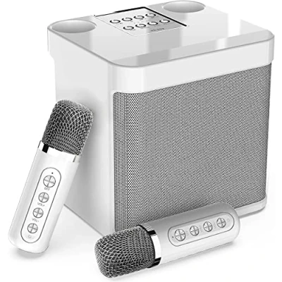 Afbeelding van karaoke installatie met 2 microfoons, bluetooth machine, draadloze installatie, luidspreker microfoon, set voor feestjes, activiteiten, ondersteuning Bluetooth, AUX, USB/TF (wit)
