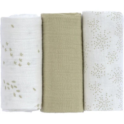 Afbeelding van Lässig Swaddle &amp; Burp M Multidoek GOTS 3pcs 60 x cm Leave Olive / Milky