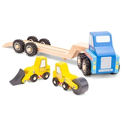 Afbeelding van New Classic Toys Houten Vrachtwagen voor Bouwtransport Inclusief 2 bouwvoertuigen