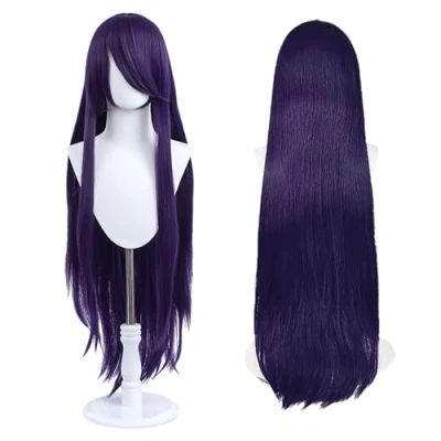 Afbeelding van cosplay pruik, 100 cm, universele pruik voor feestjes, dagelijks gebruik, festival en Halloween, ideaal tv, film personages (paars)