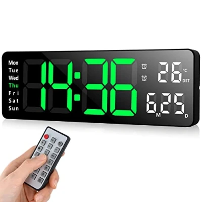 Afbeelding van Fuloon digitale led wandklok met groot display van 13 inch, wekker afstandsbediening, timer en countdown, tafelklok datum, week, temperatuur voor