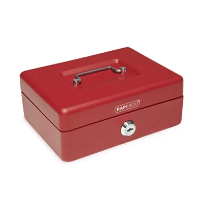 Afbeelding van Rapesco SB0008R1 Stalen kassa voor muntstukken en bankbiljetten met 5 vakken, 20 cm, rood