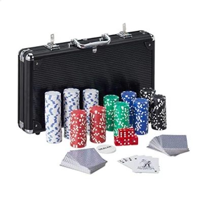 Afbeelding van relaxdays Pokerset, 300 chips zonder waarde, 2 kaartspellen, 5 dobbelstenen, dealerbadge, aluminium, zilver, 10031552