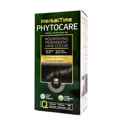 Afbeelding van Herbal Time Phytocare Permanente haarverf, zwart, 1N, professionele natuurlijke voed en bescherm je haar, zonder ammoniak, PPD SLS, 124,5 ml