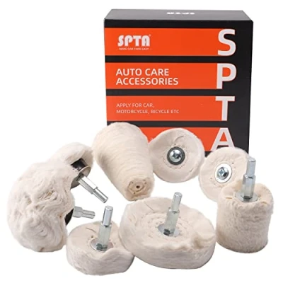 Afbeelding van SPTA polijstwiel voor auto, 8 stuks, katoenen wiel boormachine, polijstwielset, polijsten van dweilwielen, slijpkop 1/4 inch zeshoekige as